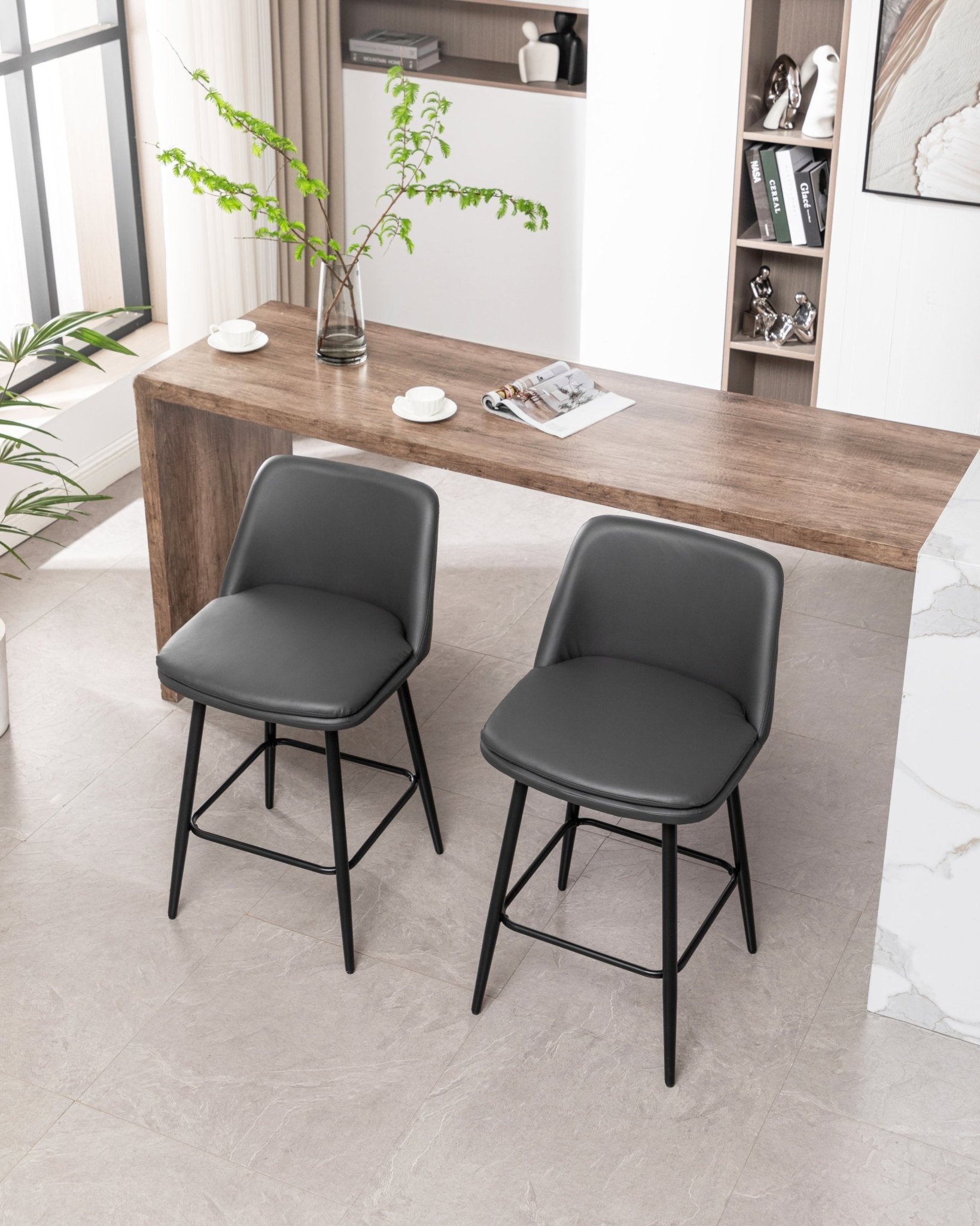 Grey Swivel Counter Height Bar Stools Set of 2 | Upholstered Faux Leather Chairs (26”) - 1st Choice Furniture Direct