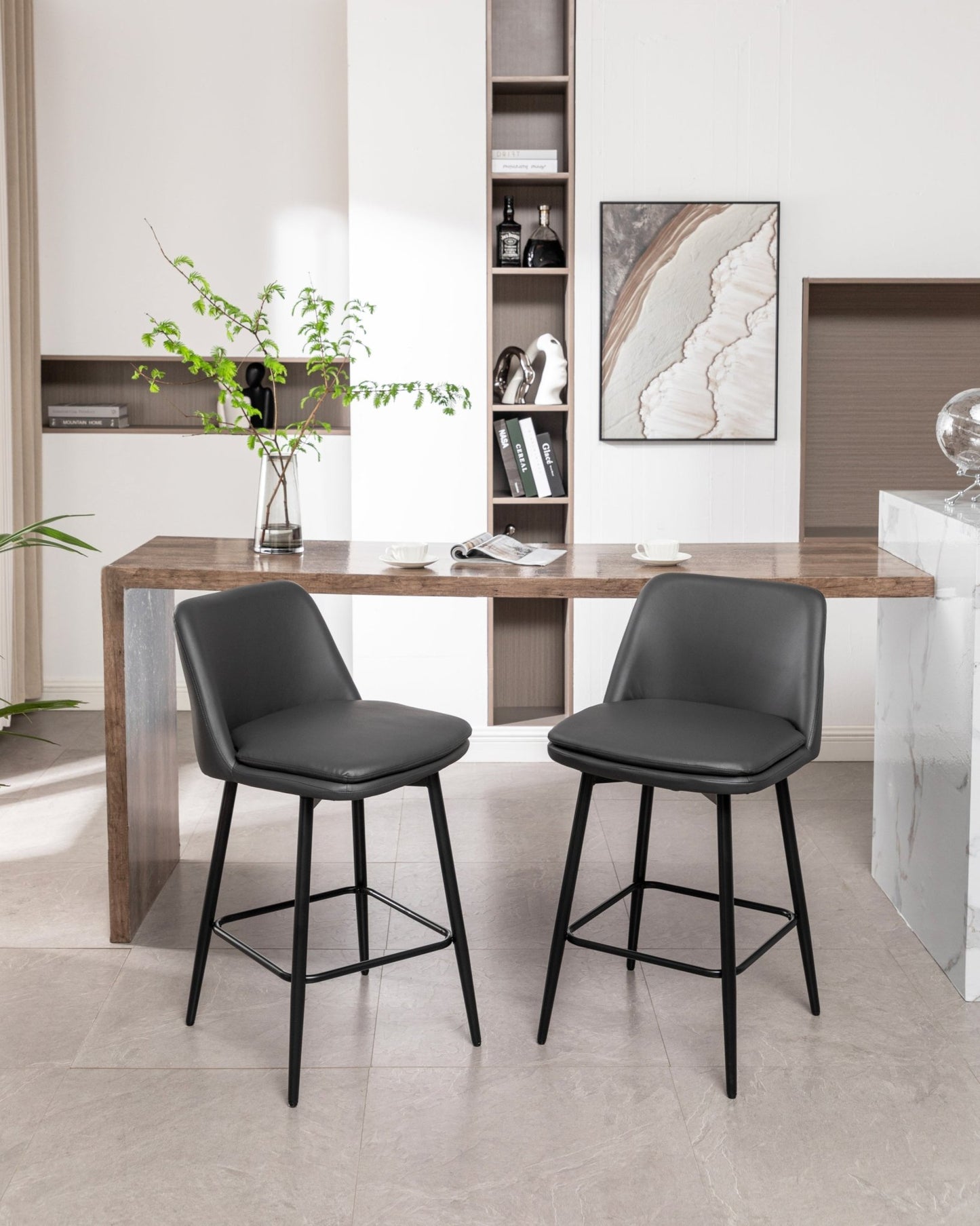 Grey Swivel Counter Height Bar Stools Set of 2 | Upholstered Faux Leather Chairs (26”) - 1st Choice Furniture Direct