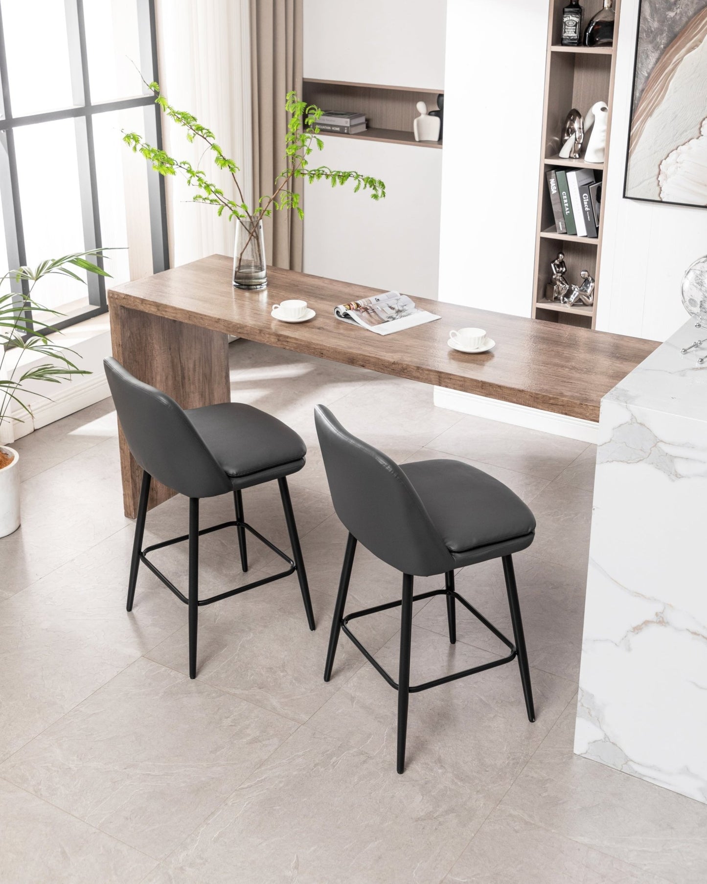 Grey Swivel Counter Height Bar Stools Set of 2 | Upholstered Faux Leather Chairs (26”) - 1st Choice Furniture Direct