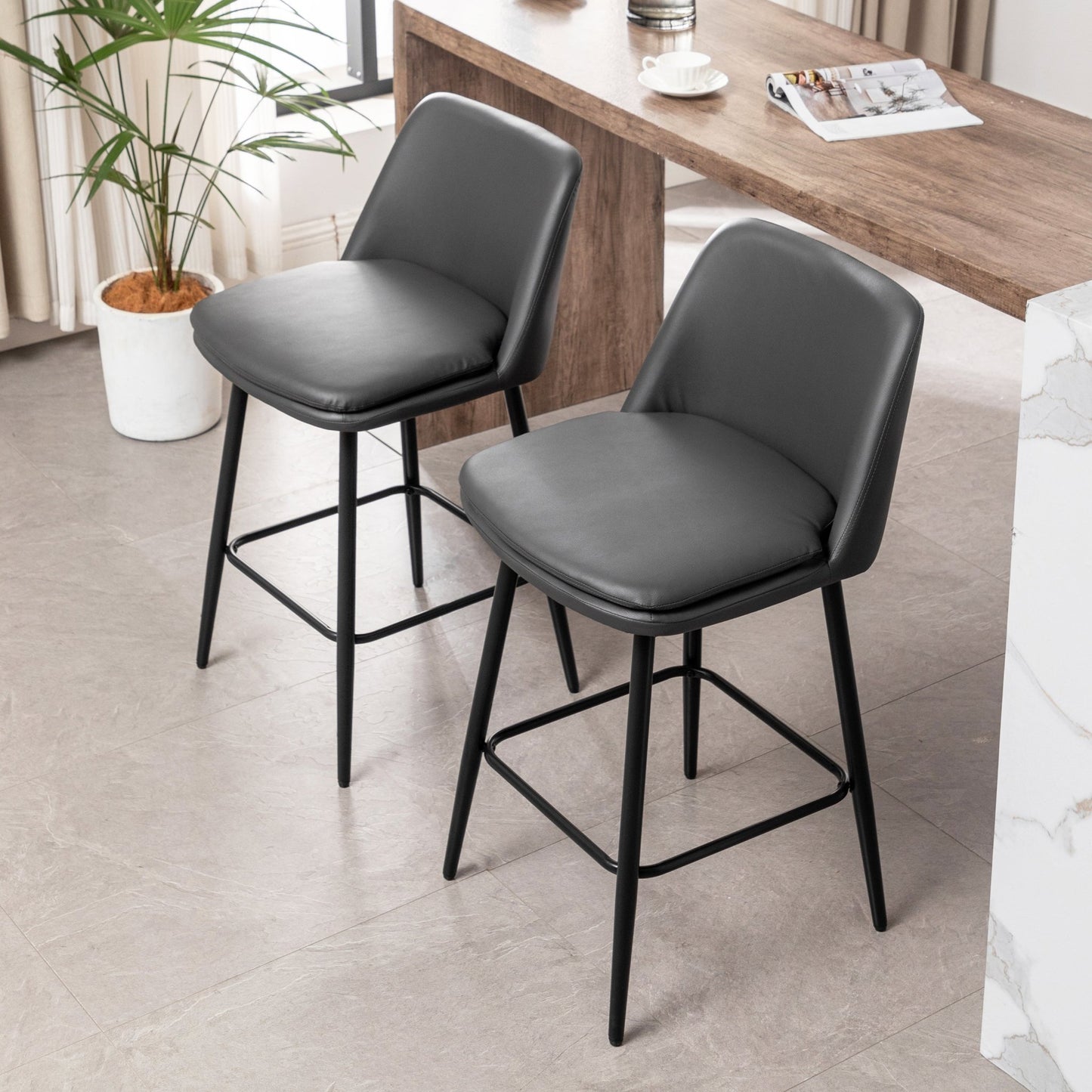 Grey Swivel Counter Height Bar Stools Set of 2 | Upholstered Faux Leather Chairs (26”) - 1st Choice Furniture Direct