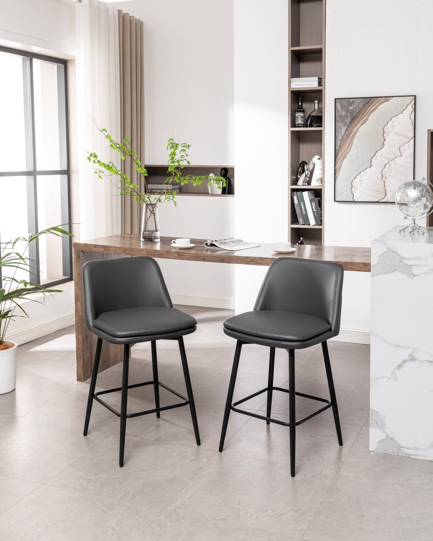 Grey Swivel Counter Height Bar Stools Set of 2 | Upholstered Faux Leather Chairs (26”) - 1st Choice Furniture Direct