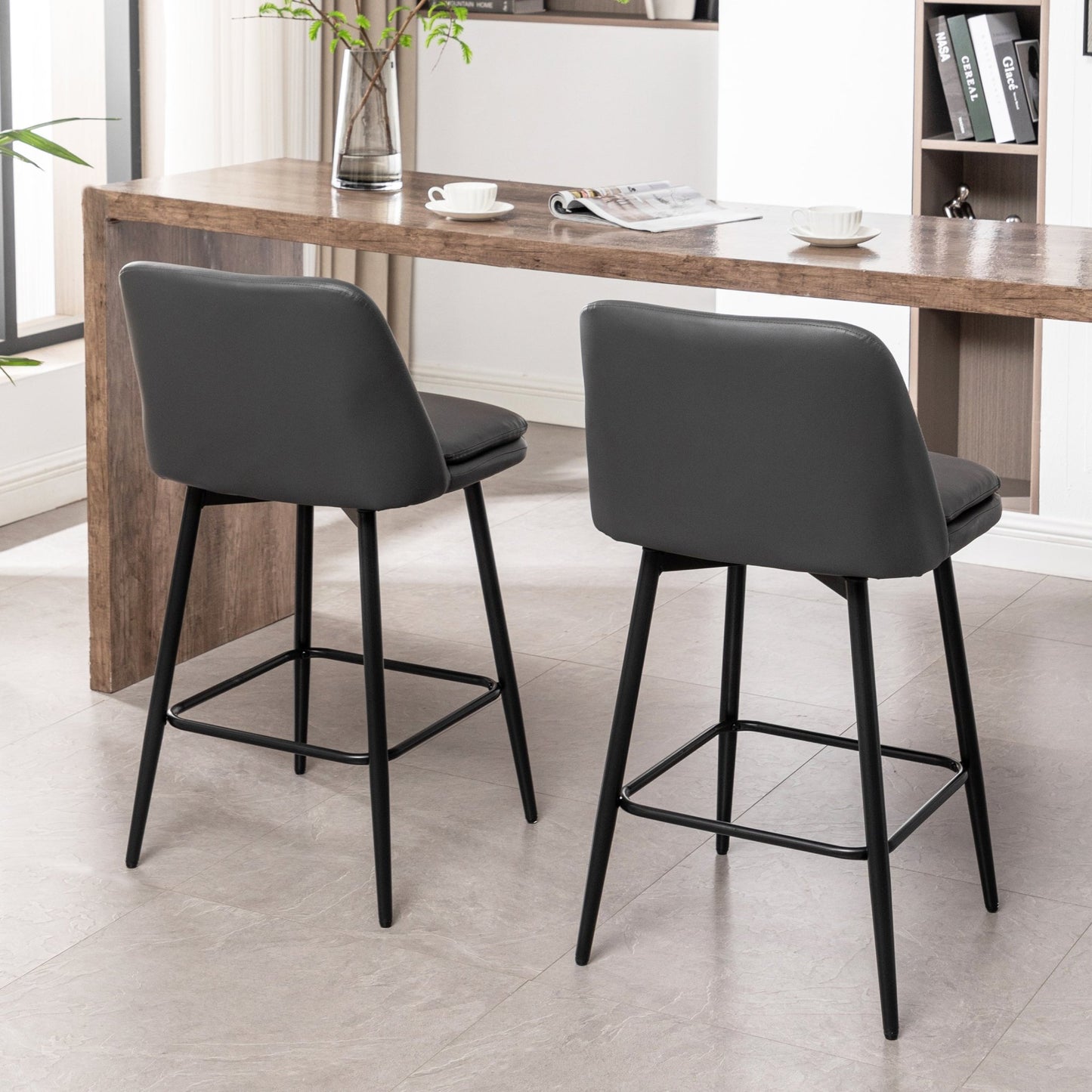 Grey Swivel Counter Height Bar Stools Set of 2 | Upholstered Faux Leather Chairs (26”) - 1st Choice Furniture Direct