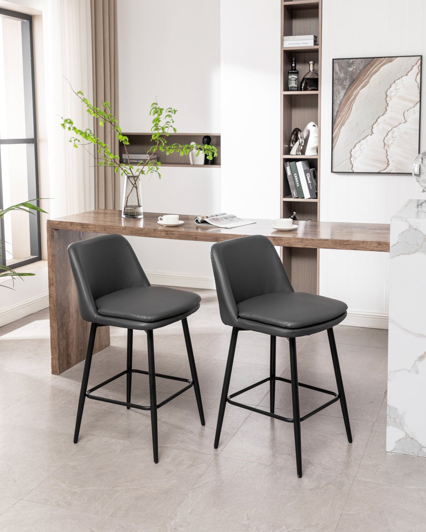 Grey Swivel Counter Height Bar Stools Set of 2 | Upholstered Faux Leather Chairs (26”) - 1st Choice Furniture Direct