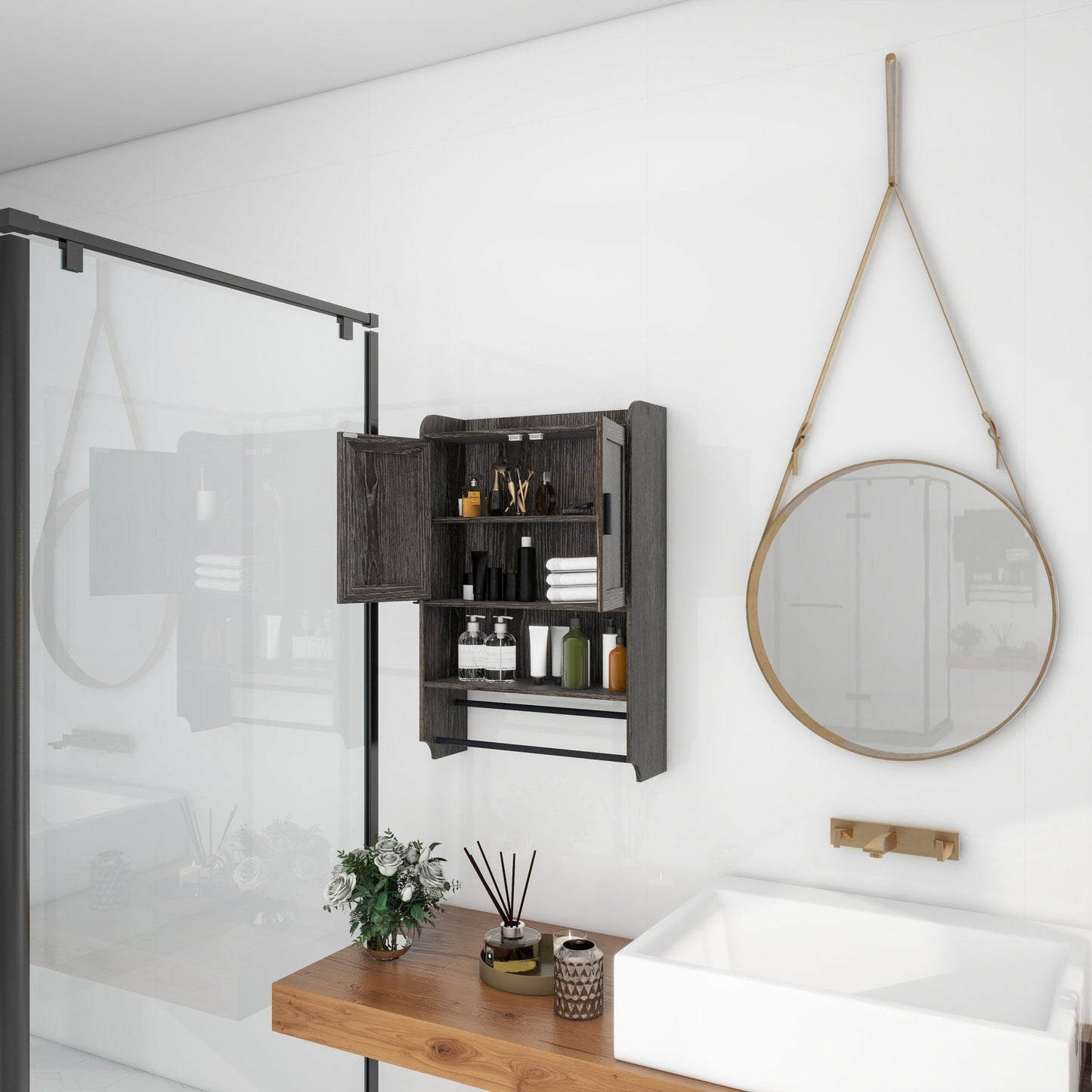 Grey Wall Mounted Bathroom Cabinet – Rustic Medicine Cabinet with Towel Rack - 1st Choice Furniture Direct