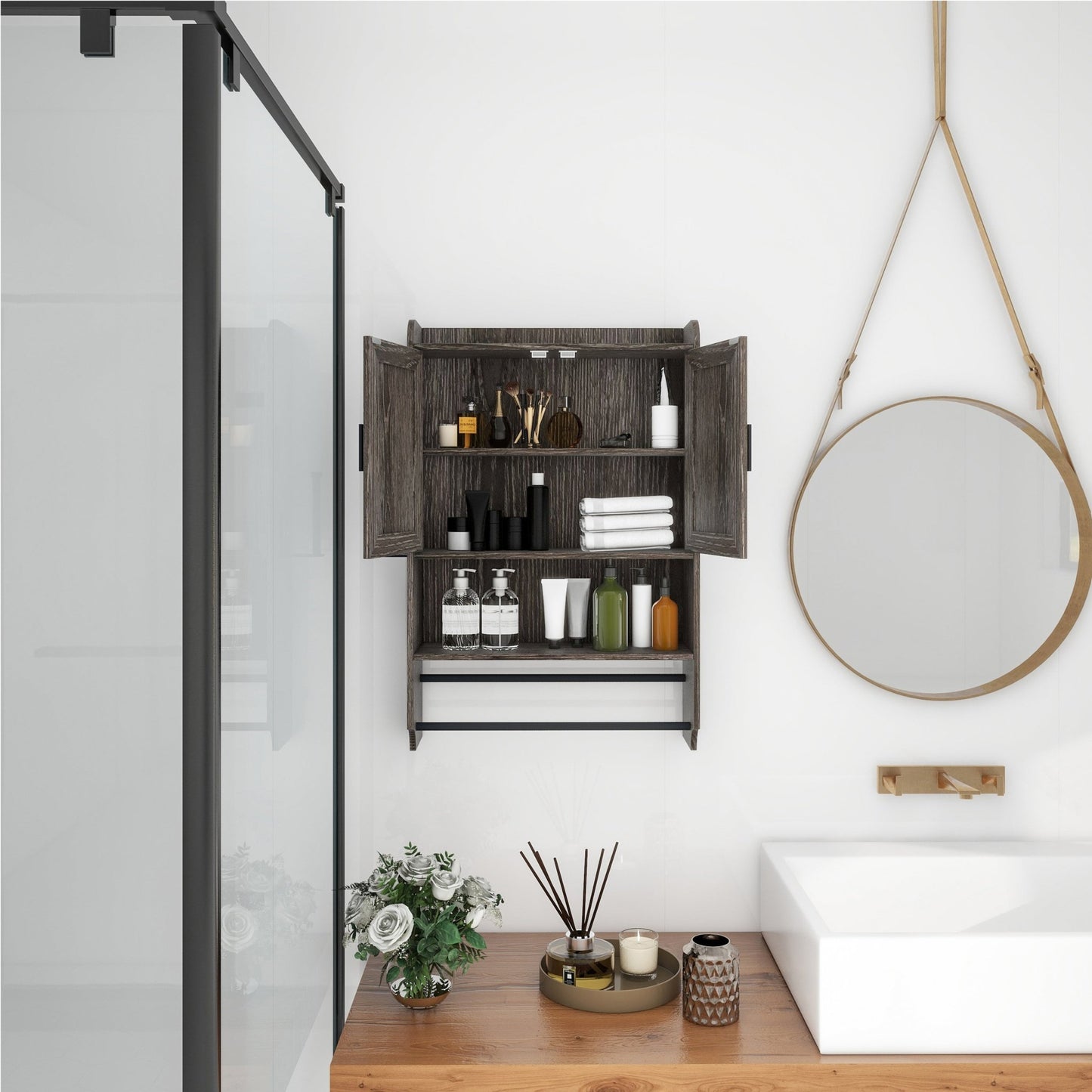 Grey Wall Mounted Bathroom Cabinet – Rustic Medicine Cabinet with Towel Rack - 1st Choice Furniture Direct