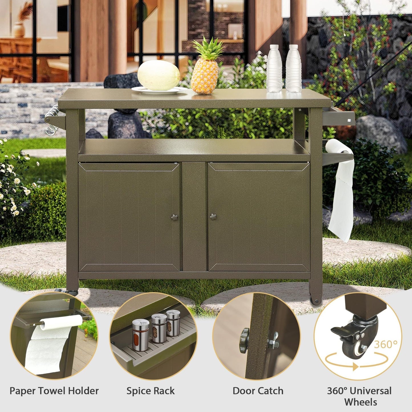 Grill Carts Outdoor Storage Cabinet with Wheels, Metal outdoor grill table Kitchen Dining Table Cooking Prep BBQ Table for Patio, Kitchen Island, Home Party, Bar (Brown) - 1st Choice Furniture Direct