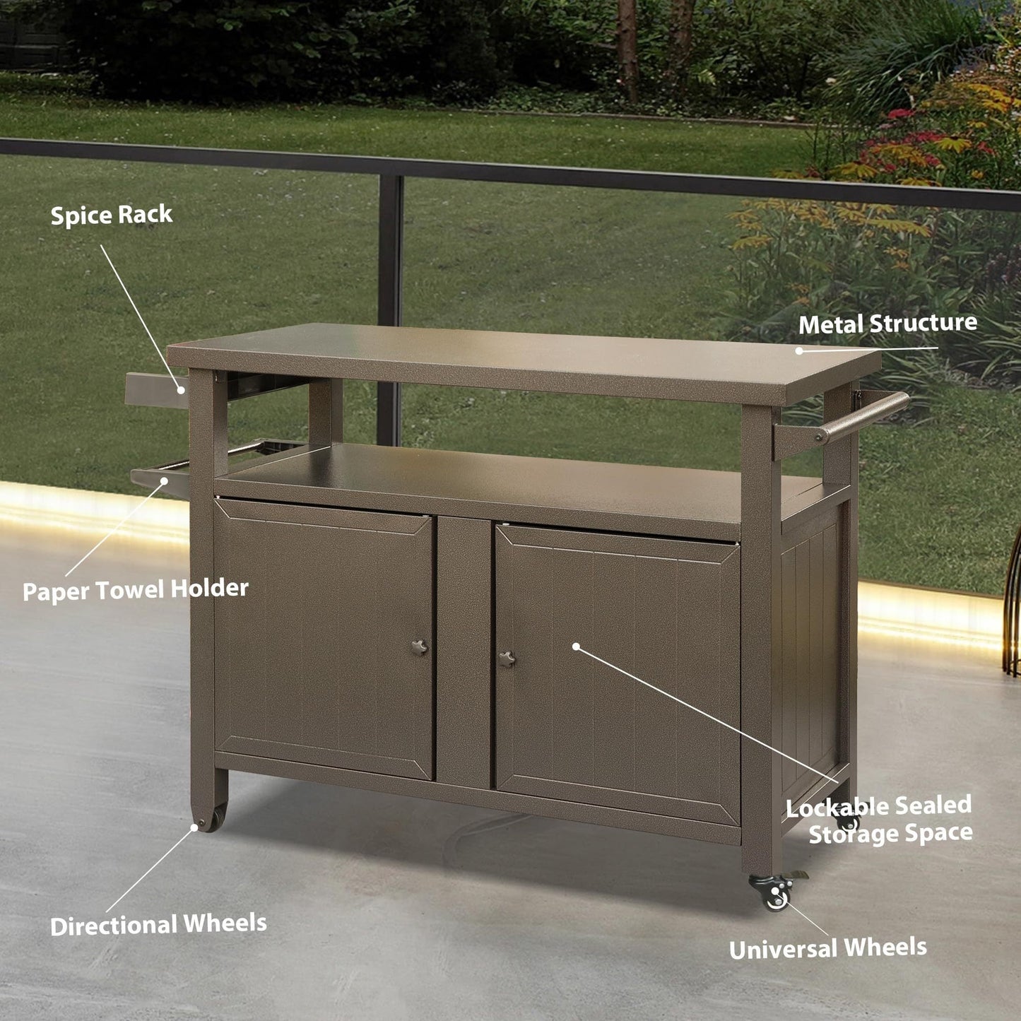 Grill Carts Outdoor Storage Cabinet with Wheels, Metal outdoor grill table Kitchen Dining Table Cooking Prep BBQ Table for Patio, Kitchen Island, Home Party, Bar (Brown) - 1st Choice Furniture Direct