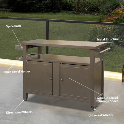 Grill Carts Outdoor Storage Cabinet with Wheels, Metal outdoor grill table Kitchen Dining Table Cooking Prep BBQ Table for Patio, Kitchen Island, Home Party, Bar (Brown) - 1st Choice Furniture Direct