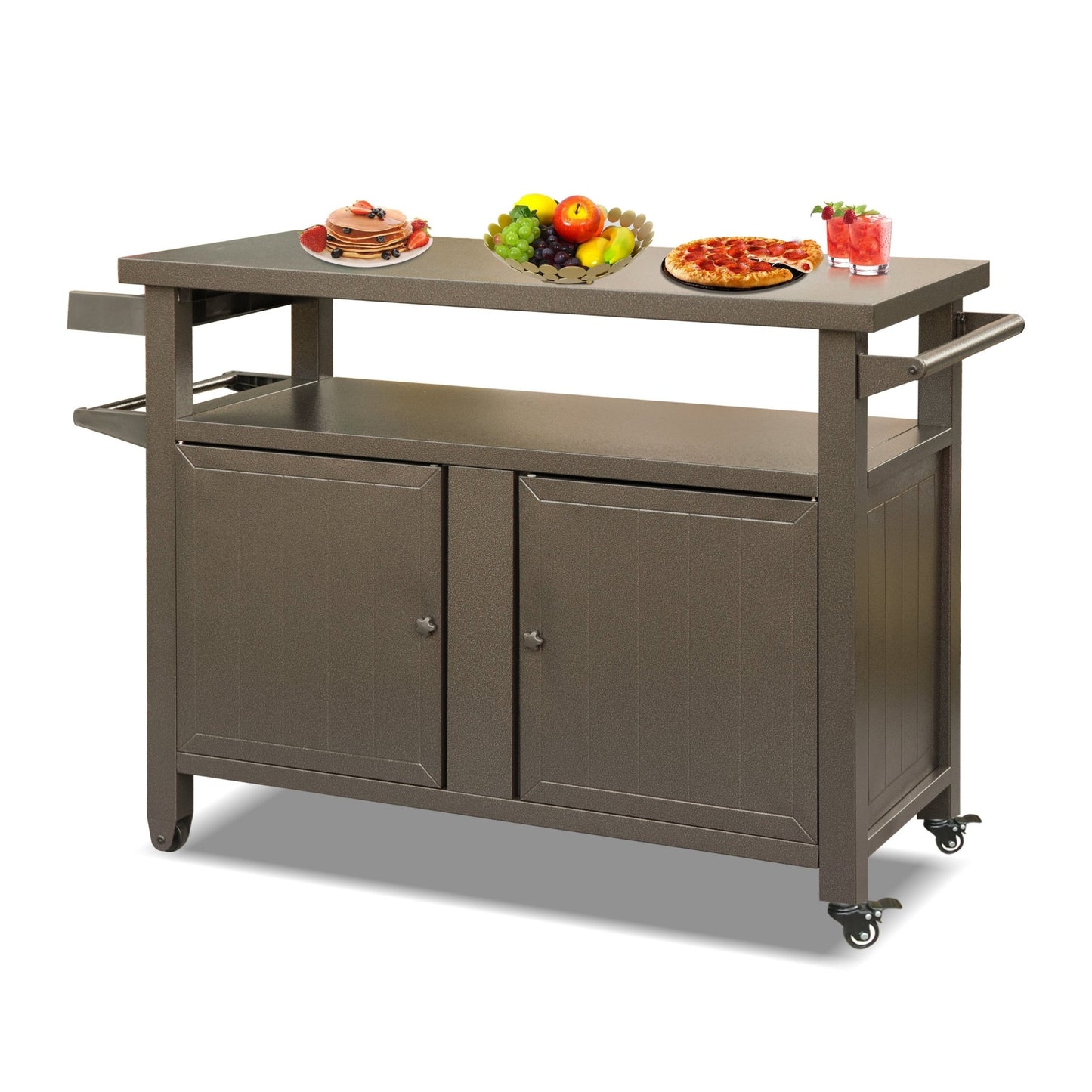Grill Carts Outdoor Storage Cabinet with Wheels, Metal outdoor grill table Kitchen Dining Table Cooking Prep BBQ Table for Patio, Kitchen Island, Home Party, Bar (Brown) - 1st Choice Furniture Direct