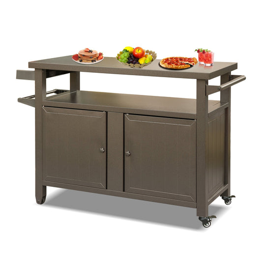 Grill Carts Outdoor Storage Cabinet with Wheels, Metal outdoor grill table Kitchen Dining Table Cooking Prep BBQ Table for Patio, Kitchen Island, Home Party, Bar (Brown) - 1st Choice Furniture Direct
