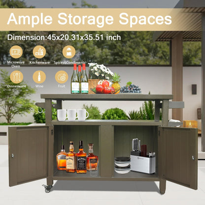 Grill Carts Outdoor Storage Cabinet with Wheels, Metal outdoor grill table Kitchen Dining Table Cooking Prep BBQ Table for Patio, Kitchen Island, Home Party, Bar (Brown) - 1st Choice Furniture Direct