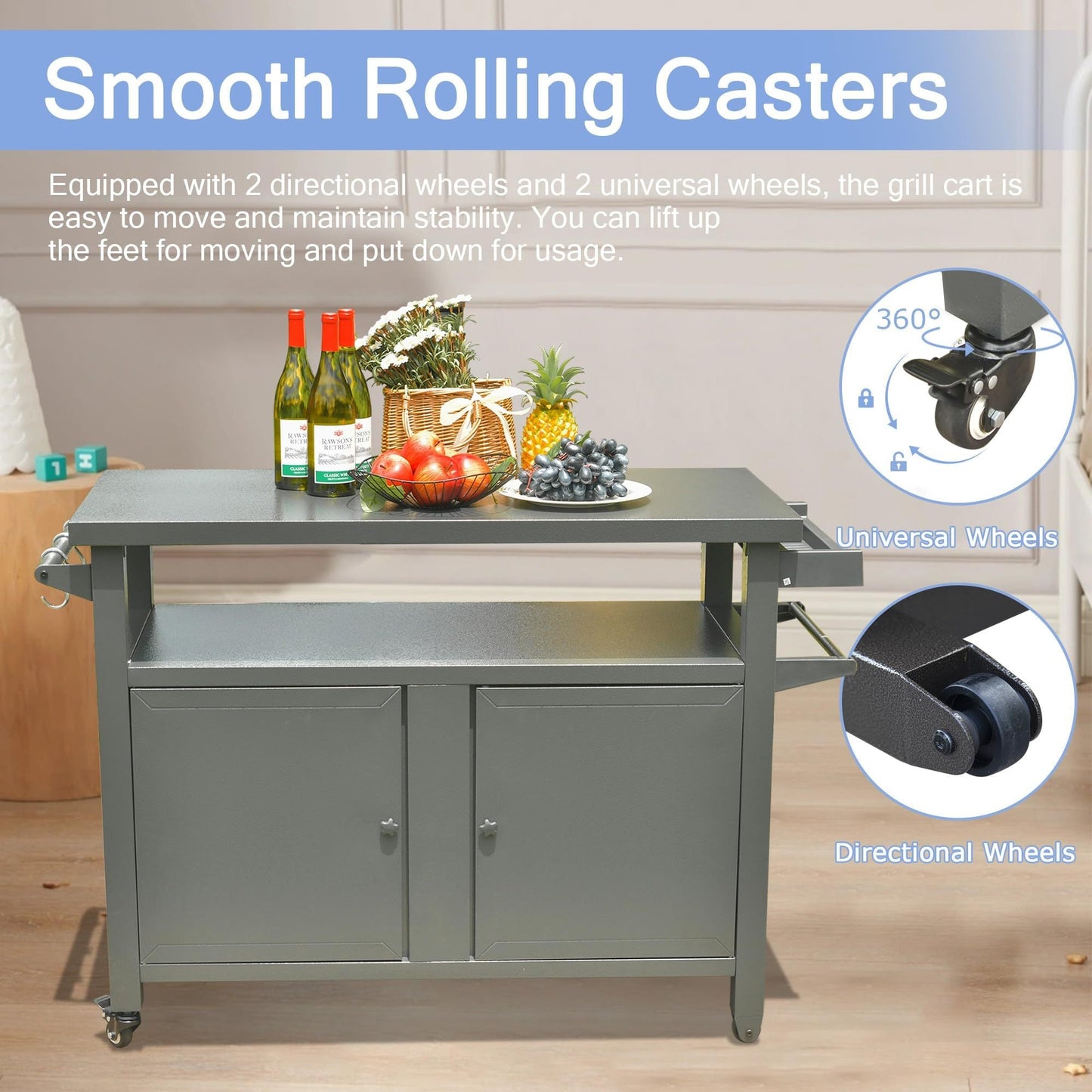 Grill Carts Outdoor Storage Cabinet with Wheels, Metal Outdoor Grill Table Kitchen Dining Table Cooking Prep BBQ Table for Patio, Kitchen Island, Home Party, Bar (Grey) - 1st Choice Furniture Direct