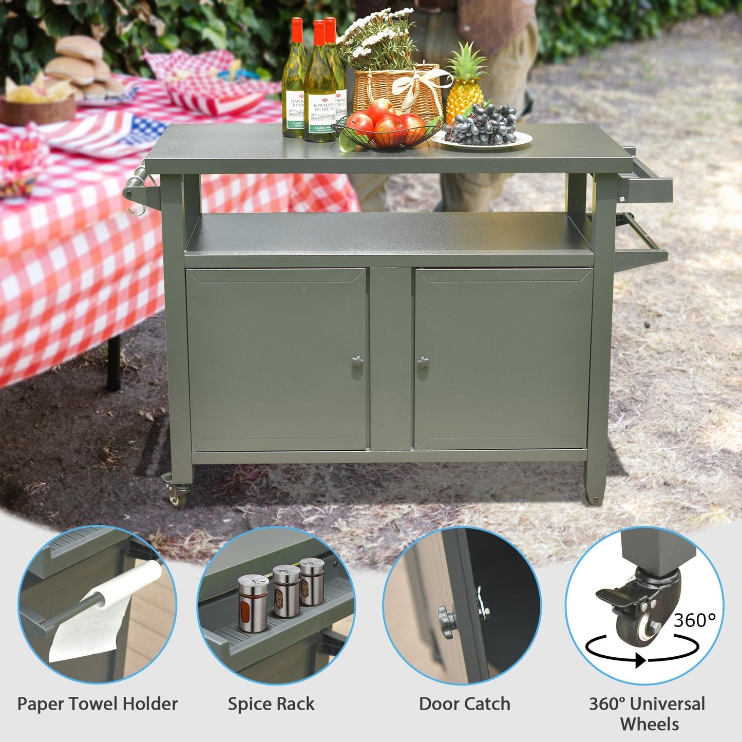 Grill Carts Outdoor Storage Cabinet with Wheels, Metal Outdoor Grill Table Kitchen Dining Table Cooking Prep BBQ Table for Patio, Kitchen Island, Home Party, Bar (Grey) - 1st Choice Furniture Direct