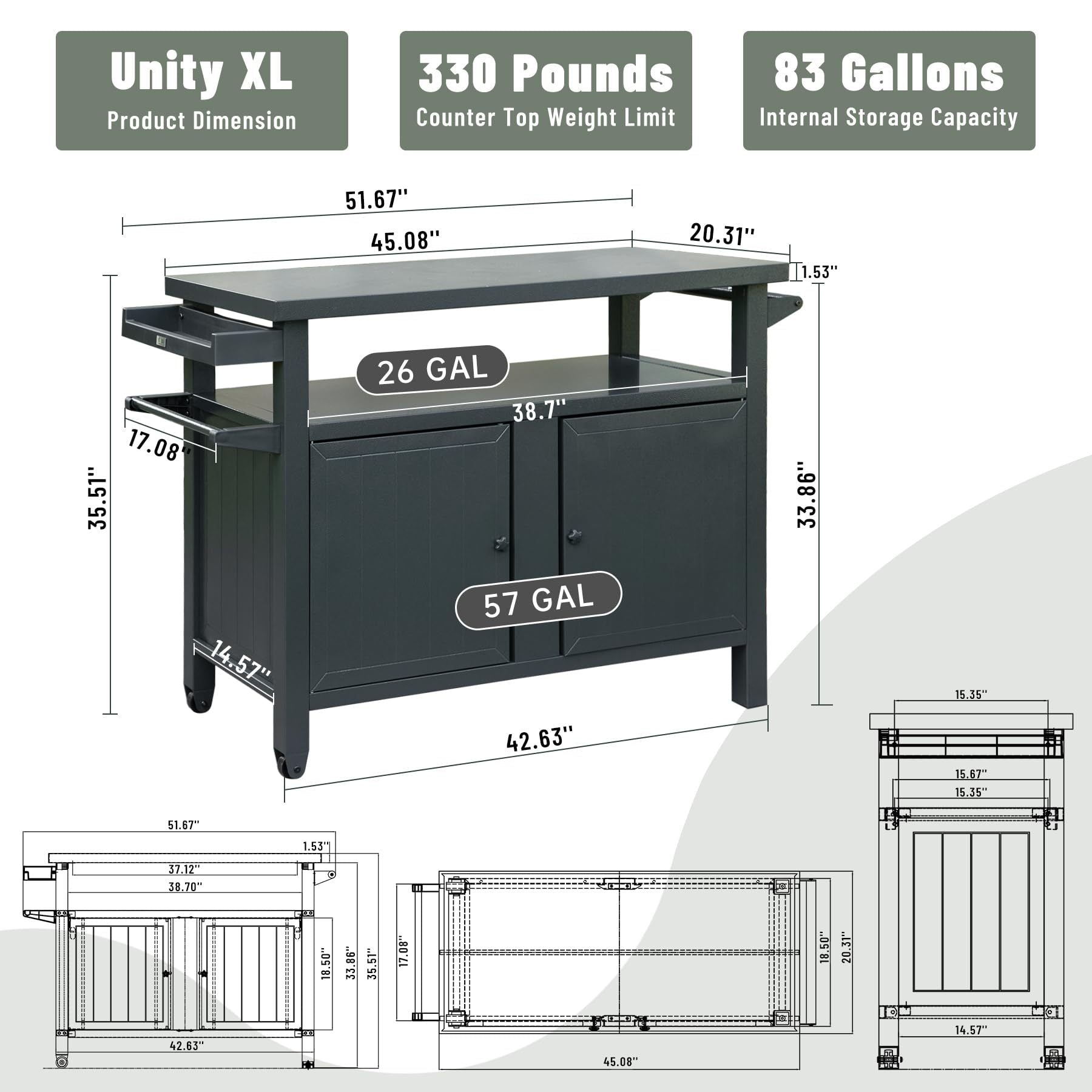 Grill Carts Outdoor Storage Cabinet with Wheels, Metal Outdoor Grill Table Kitchen Dining Table Cooking Prep BBQ Table for Patio, Kitchen Island, Home Party, Bar (Grey) - 1st Choice Furniture Direct