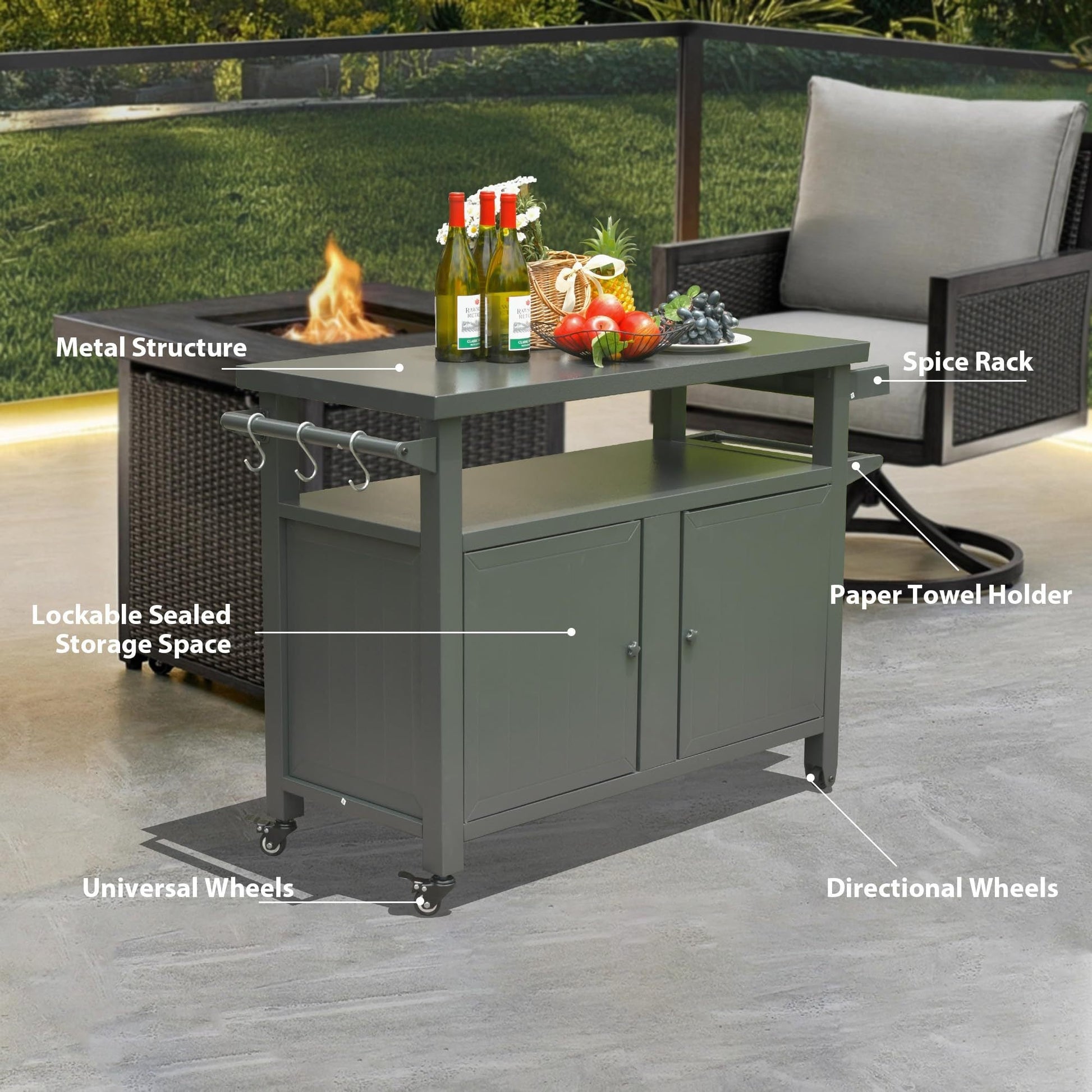 Grill Carts Outdoor Storage Cabinet with Wheels, Metal Outdoor Grill Table Kitchen Dining Table Cooking Prep BBQ Table for Patio, Kitchen Island, Home Party, Bar (Grey) - 1st Choice Furniture Direct
