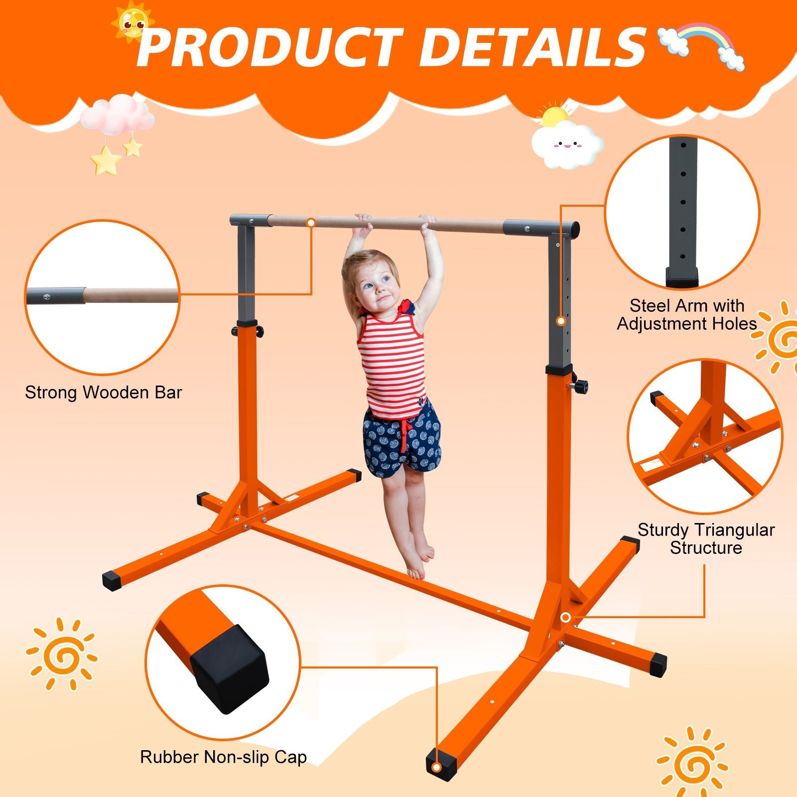 Gymnastics Bar for Kids, Adjustable Height Gym Bar, Junior Training Kip Bar for Home, Built for kids 3+ Years Orange - 1st Choice Furniture Direct
