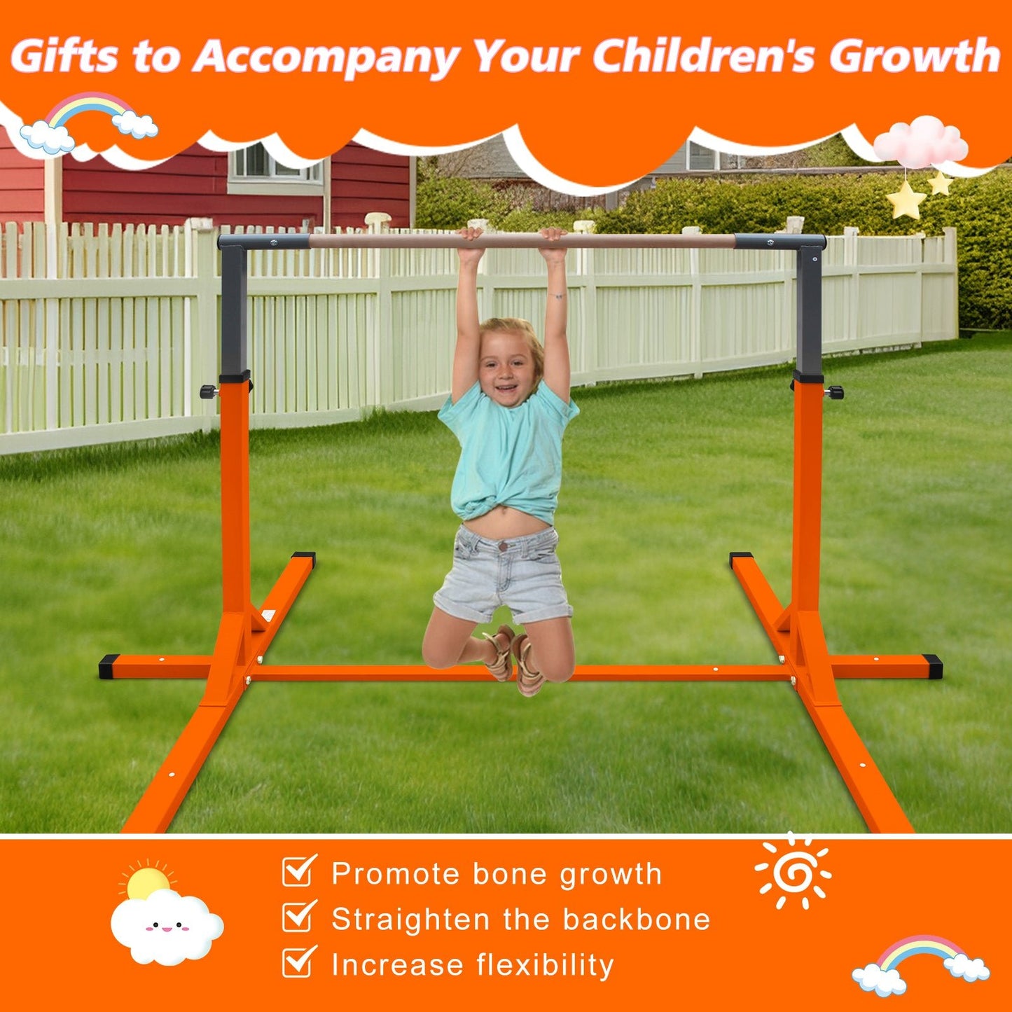 Gymnastics Bar for Kids, Adjustable Height Gym Bar, Junior Training Kip Bar for Home, Built for kids 3+ Years Orange - 1st Choice Furniture Direct