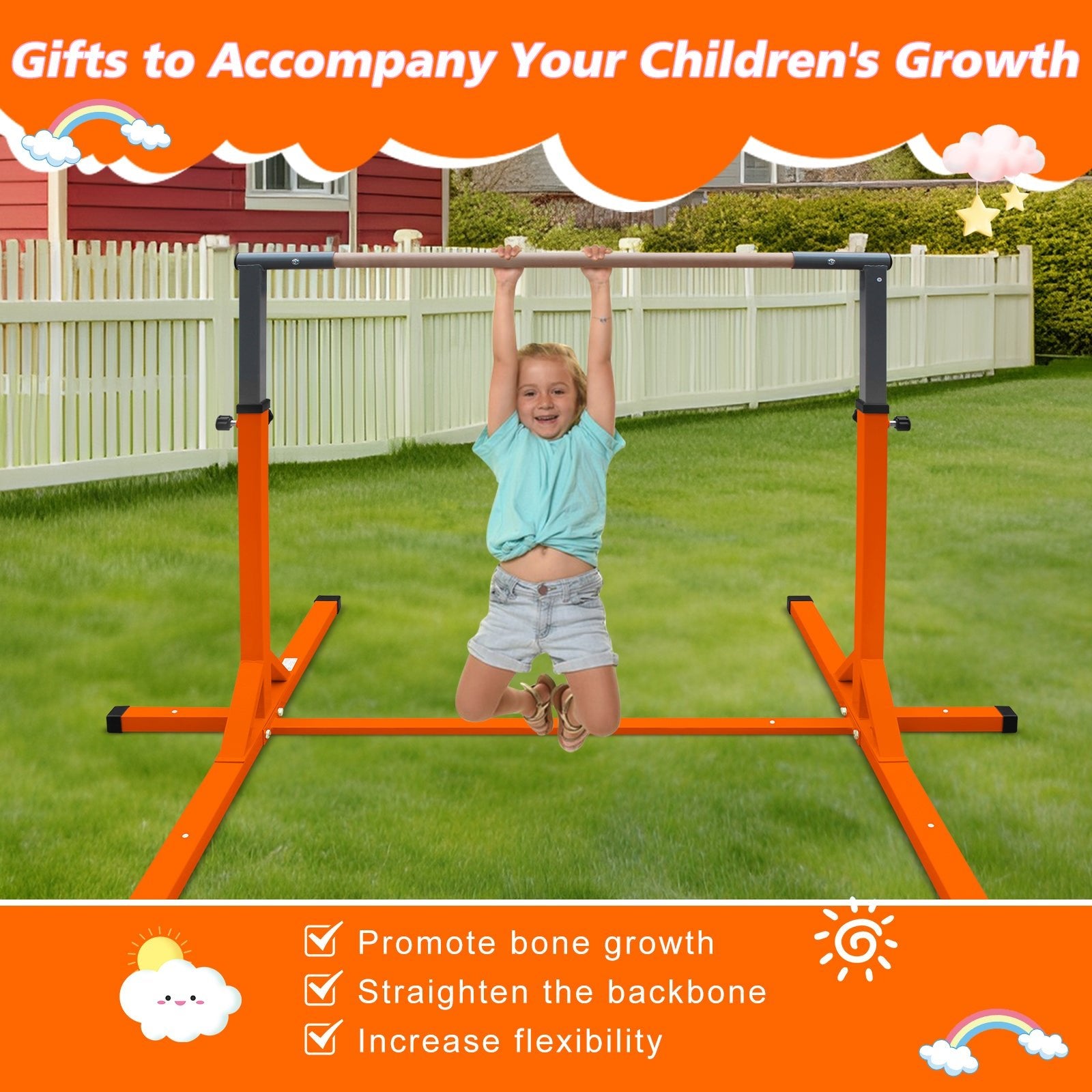 Gymnastics Bar for Kids, Adjustable Height Gym Bar, Junior Training Kip Bar for Home, Built for kids 3+ Years Orange - 1st Choice Furniture Direct