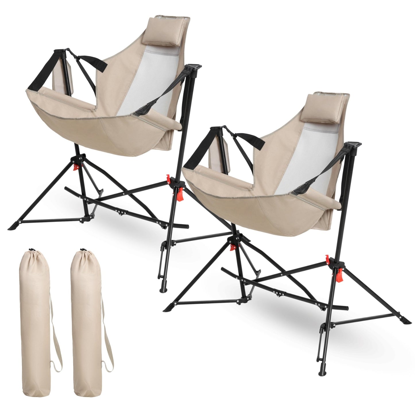 Hammock Camping Chair, Folding Portable Rocking Chair, Aluminum Alloy Adjustable Back Swinging Chair with Pillow Cup Holder, Recliner with Carry Bag for Outdoor Travel Lawn Backyard, Khaki (2pcs) - 1st Choice Furniture Direct