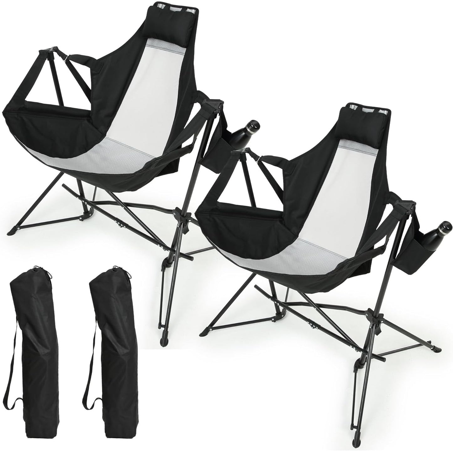 Hammock Camping Chair, Folding Portable Rocking Chair, Aluminum Alloy Adjustable Back Swinging Chair with Pillow Cup Holder, Recliner with Carry Bag for Outdoor Travel Lawn Backyard, Black (2pcs) - 1st Choice Furniture Direct