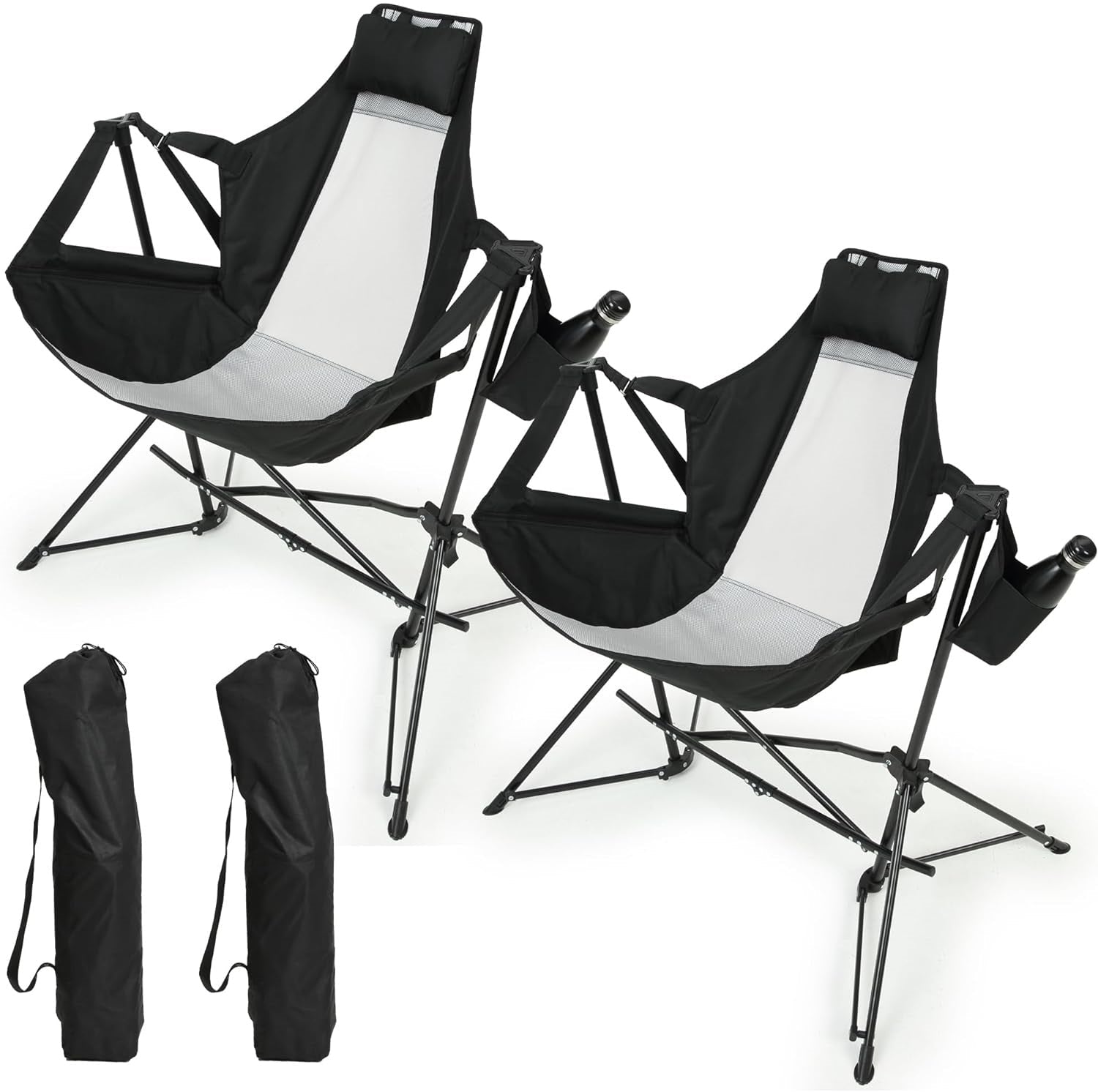 Hammock Camping Chair, Folding Portable Rocking Chair, Aluminum Alloy Adjustable Back Swinging Chair with Pillow Cup Holder, Recliner with Carry Bag for Outdoor Travel Lawn Backyard, Black (2pcs) - 1st Choice Furniture Direct