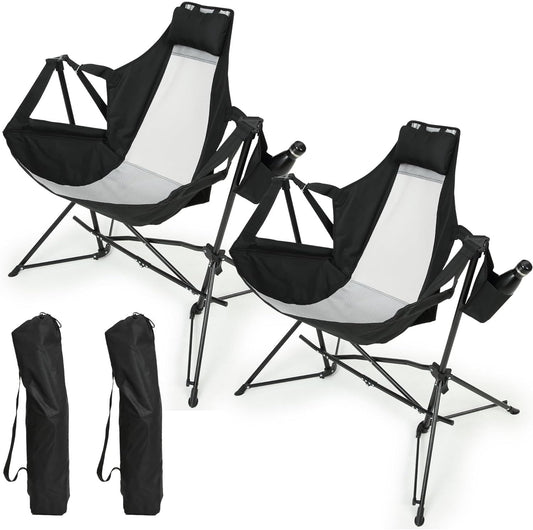 Hammock Camping Chair, Folding Portable Rocking Chair, Aluminum Alloy Adjustable Back Swinging Chair with Pillow Cup Holder, Recliner with Carry Bag for Outdoor Travel Lawn Backyard, Black (2pcs) - 1st Choice Furniture Direct