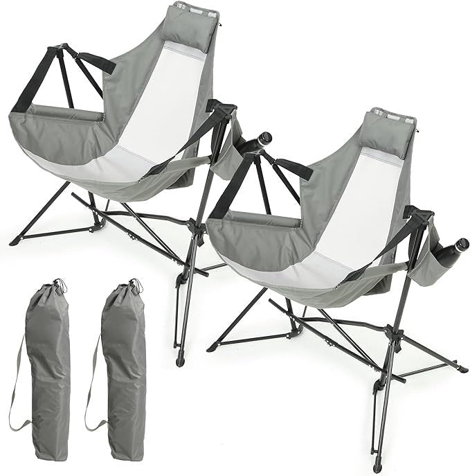 Hammock Camping Chair, Folding Portable Rocking Chair, Aluminum Alloy Adjustable Back Swinging Chair with Pillow Cup Holder, Recliner with Carry Bag for Outdoor Travel Lawn Backyard, Grey (2pcs) - 1st Choice Furniture Direct