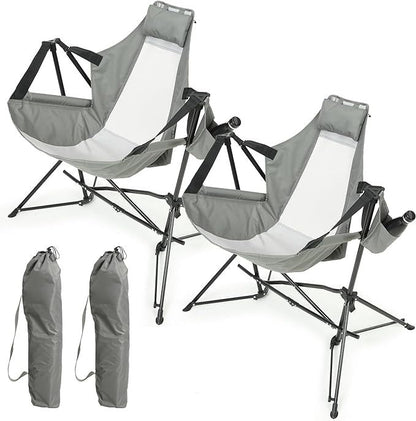 Hammock Camping Chair, Folding Portable Rocking Chair, Aluminum Alloy Adjustable Back Swinging Chair with Pillow Cup Holder, Recliner with Carry Bag for Outdoor Travel Lawn Backyard, Grey (2pcs) - 1st Choice Furniture Direct