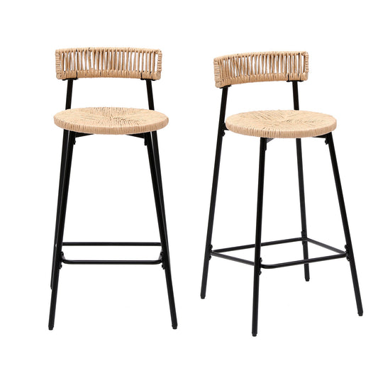 Hand Woven Bar Stools with Back Set of 2 Paper Rope Round Barstools with Footrest for Kitchen Island & Dining Rooms, Black & Honey - 1st Choice Furniture Direct
