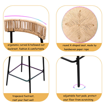 Hand Woven Bar Stools with Back Set of 2 Paper Rope Round Barstools with Footrest for Kitchen Island & Dining Rooms, Black & Honey - 1st Choice Furniture Direct