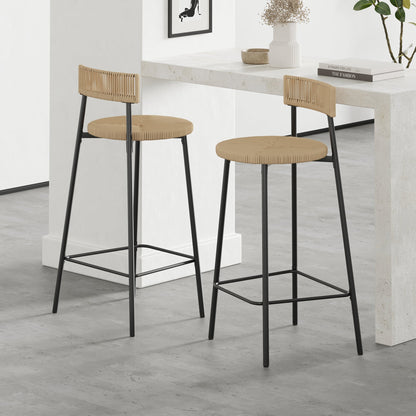 Hand Woven Bar Stools with Back Set of 2 Paper Rope Round Barstools with Footrest for Kitchen Island & Dining Rooms, Black & Honey - 1st Choice Furniture Direct