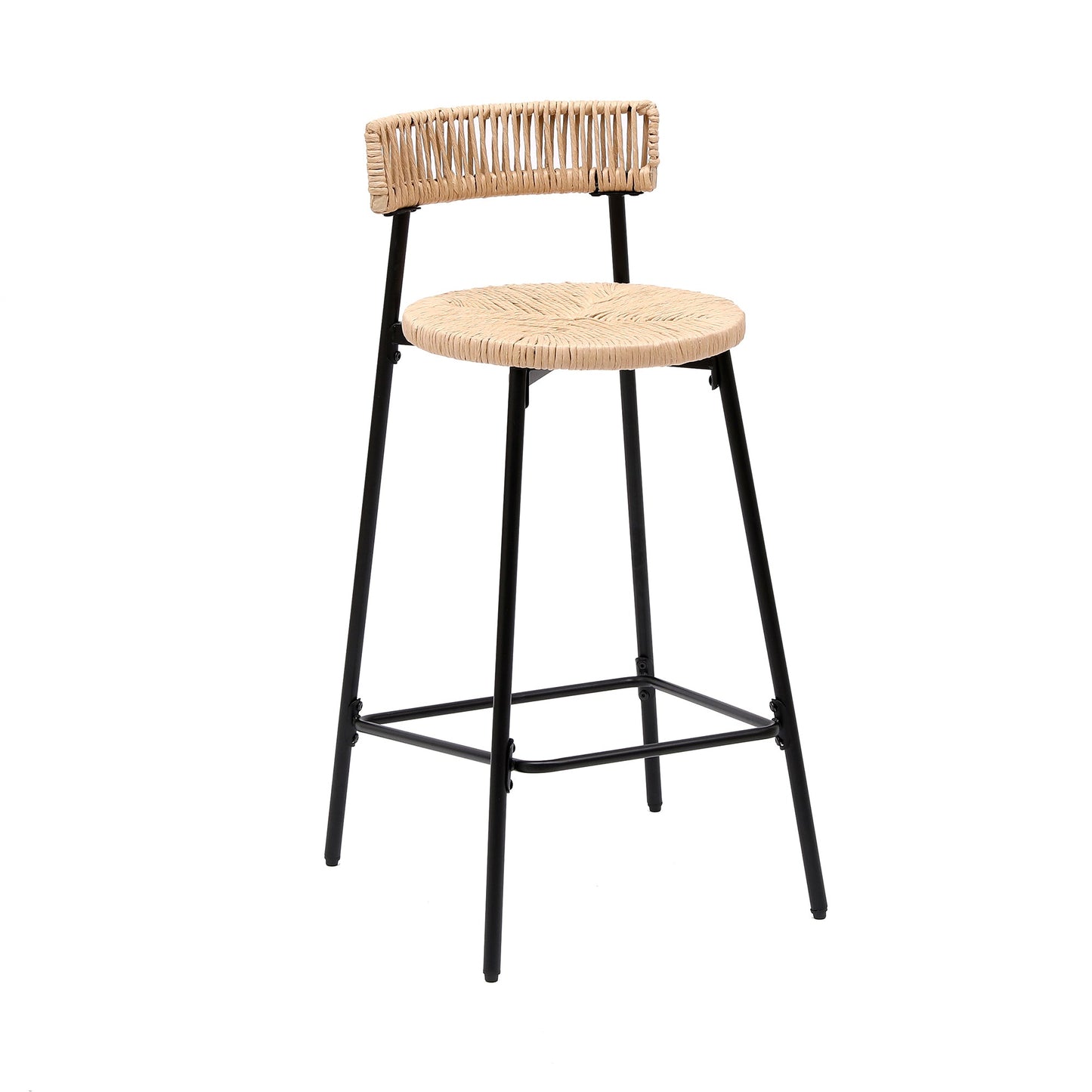 Hand Woven Bar Stools with Back Set of 2 Paper Rope Round Barstools with Footrest for Kitchen Island & Dining Rooms, Black & Honey - 1st Choice Furniture Direct