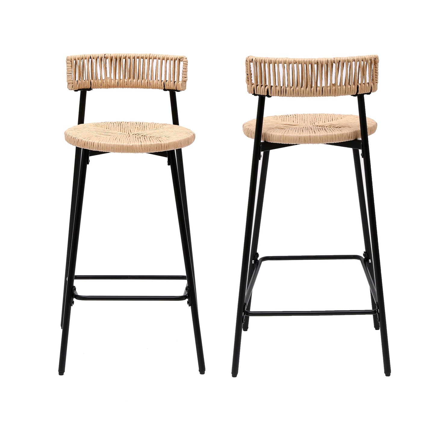 Hand Woven Bar Stools with Back Set of 2 Paper Rope Round Barstools with Footrest for Kitchen Island & Dining Rooms, Black & Honey - 1st Choice Furniture Direct