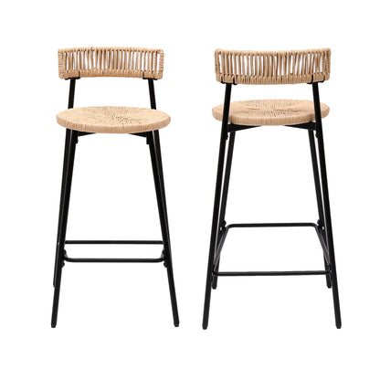 Hand Woven Bar Stools with Back Set of 2 Paper Rope Round Barstools with Footrest for Kitchen Island & Dining Rooms, Black & Honey - 1st Choice Furniture Direct