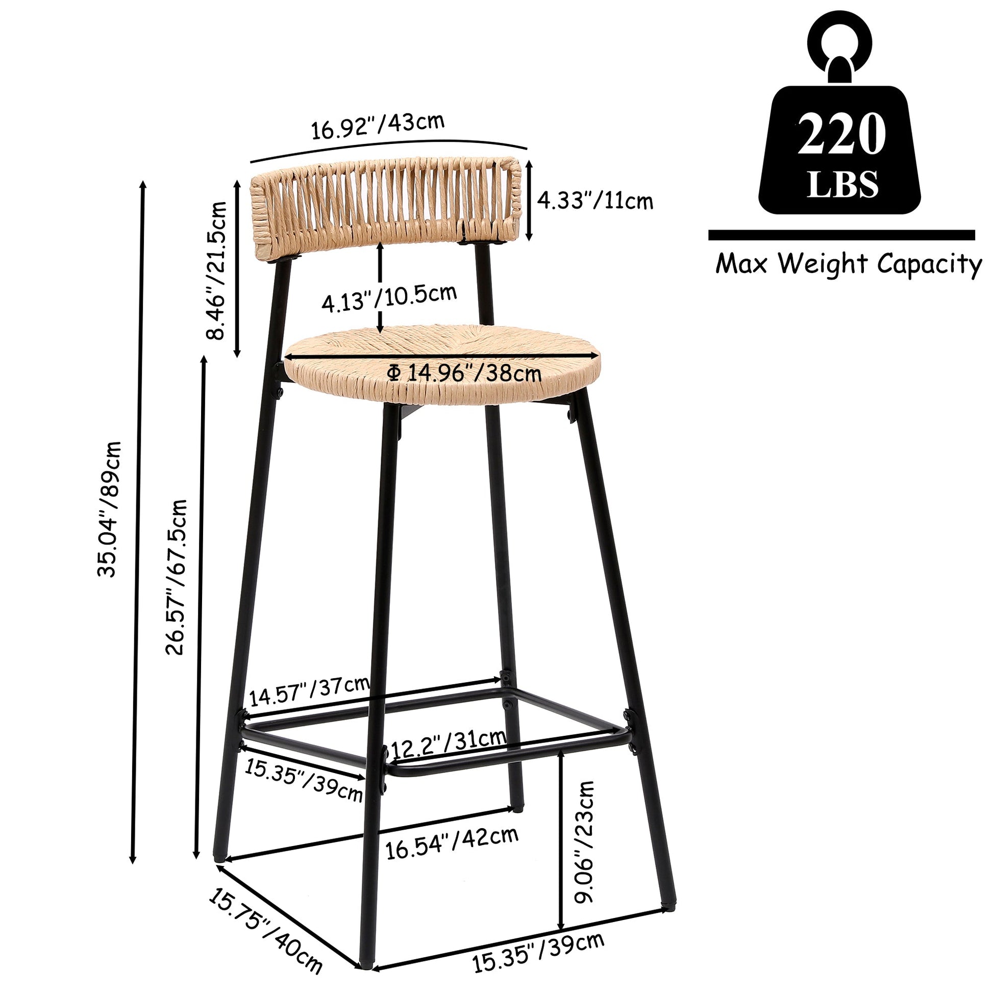 Hand Woven Bar Stools with Back Set of 2 Paper Rope Round Barstools with Footrest for Kitchen Island & Dining Rooms, Black & Honey - 1st Choice Furniture Direct