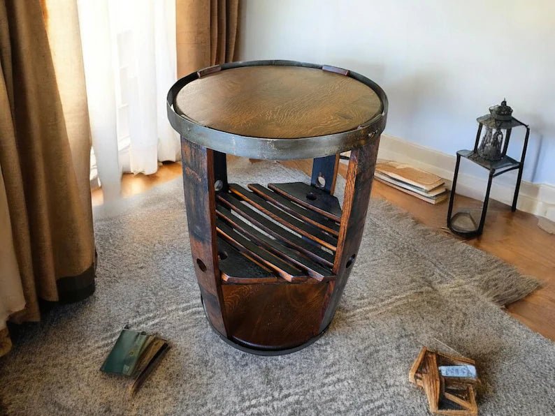 Handmade Whiskey Barrel 360° Display Rack | Reclaimed Oak Barrel Shelf - 1st Choice Furniture Direct