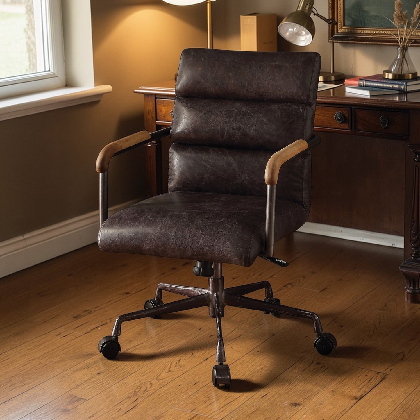 Harith Antique Slate Top Grain Leather Office Chair with Adjustable Height and Swivel Seat - 1st Choice Furniture Direct