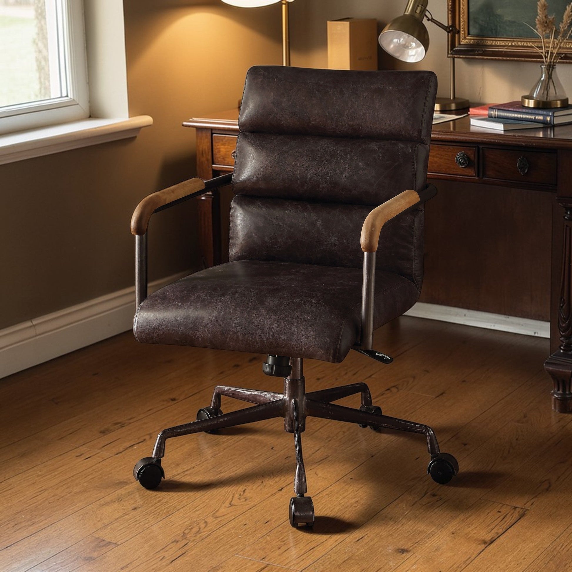 Harith Antique Slate Top Grain Leather Office Chair with Adjustable Height and Swivel Seat - 1st Choice Furniture Direct