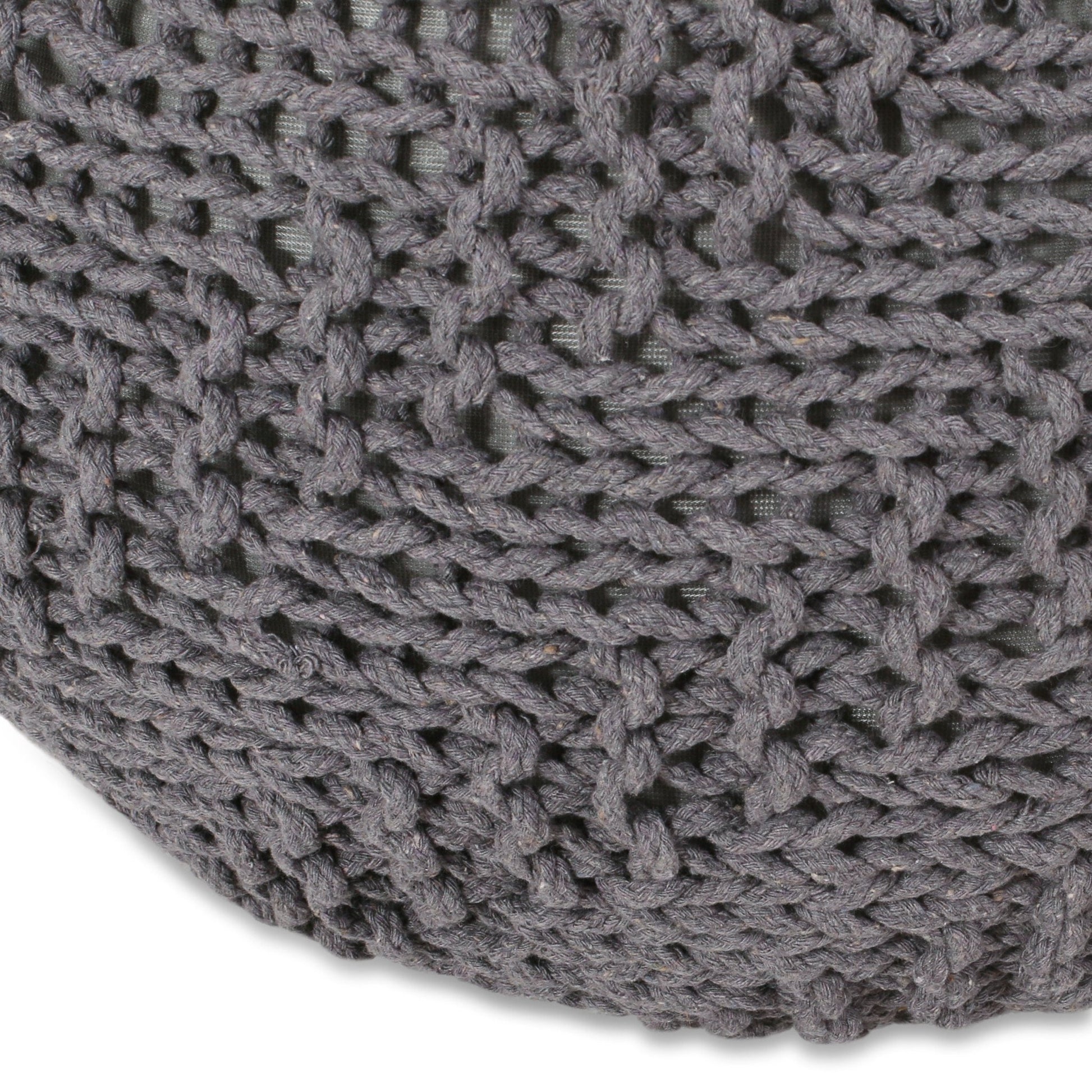 Hazel Modern Knitted Cotton Yarn Round Pouf with Eco - Friendly PET Fibers, Dark Grey, 20 x 20 inches - 1st Choice Furniture Direct
