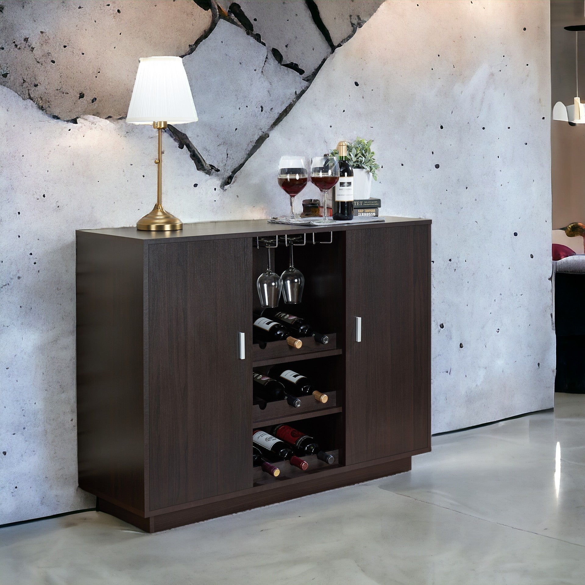 Hazen Espresso Finish Wine Cabinet II Elegant Storage Synthetic Wood 47in - 1st Choice Furniture Direct