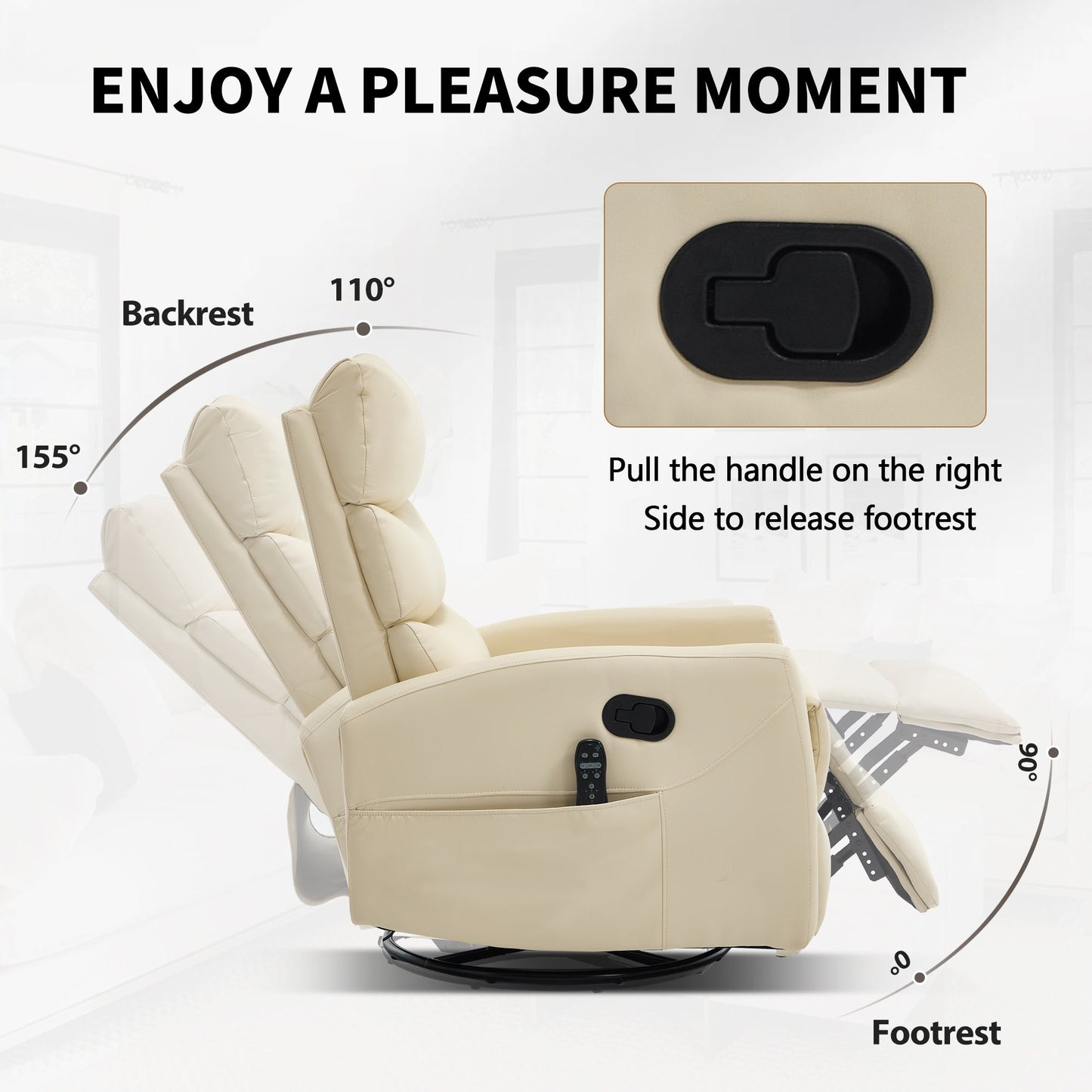 Heat Massage Manual Recliner Chair with Rocker and Swivel in Fabric for Living Room, Beige - 1st Choice Furniture Direct