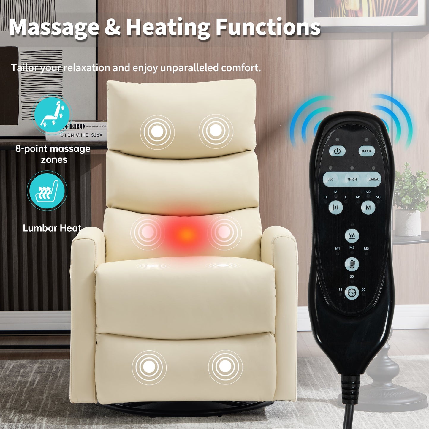 Heat Massage Manual Recliner Chair with Rocker and Swivel in Fabric for Living Room, Beige - 1st Choice Furniture Direct