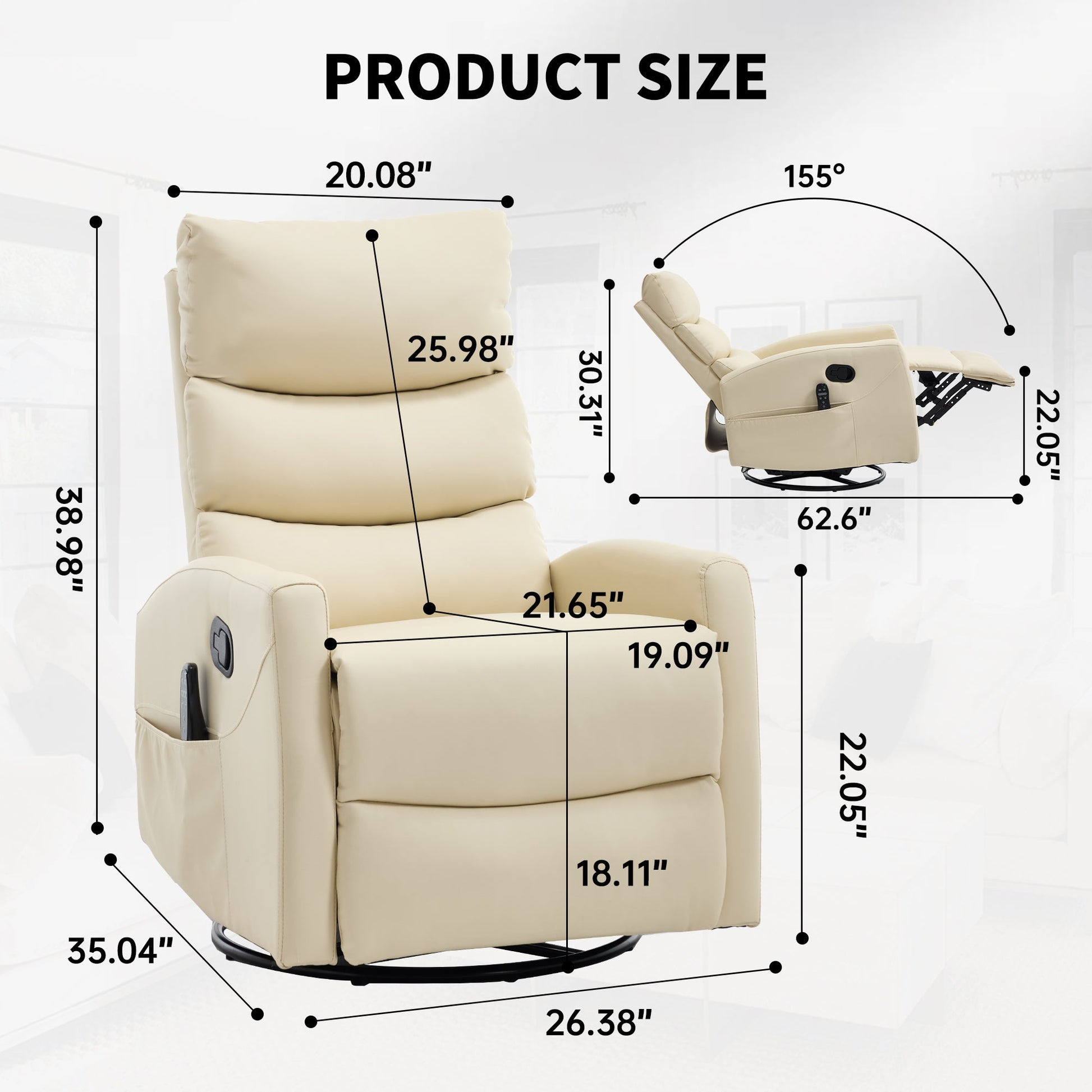 Heat Massage Manual Recliner Chair with Rocker and Swivel in Fabric for Living Room, Beige - 1st Choice Furniture Direct
