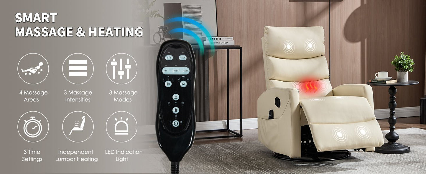 Heat Massage Manual Recliner Chair with Rocker and Swivel in Fabric for Living Room, Beige - 1st Choice Furniture Direct