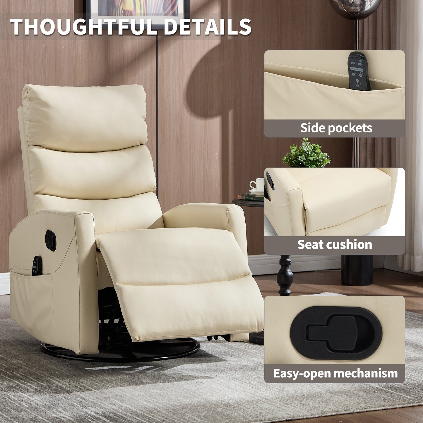 Heat Massage Manual Recliner Chair with Rocker and Swivel in Fabric for Living Room, Beige - 1st Choice Furniture Direct