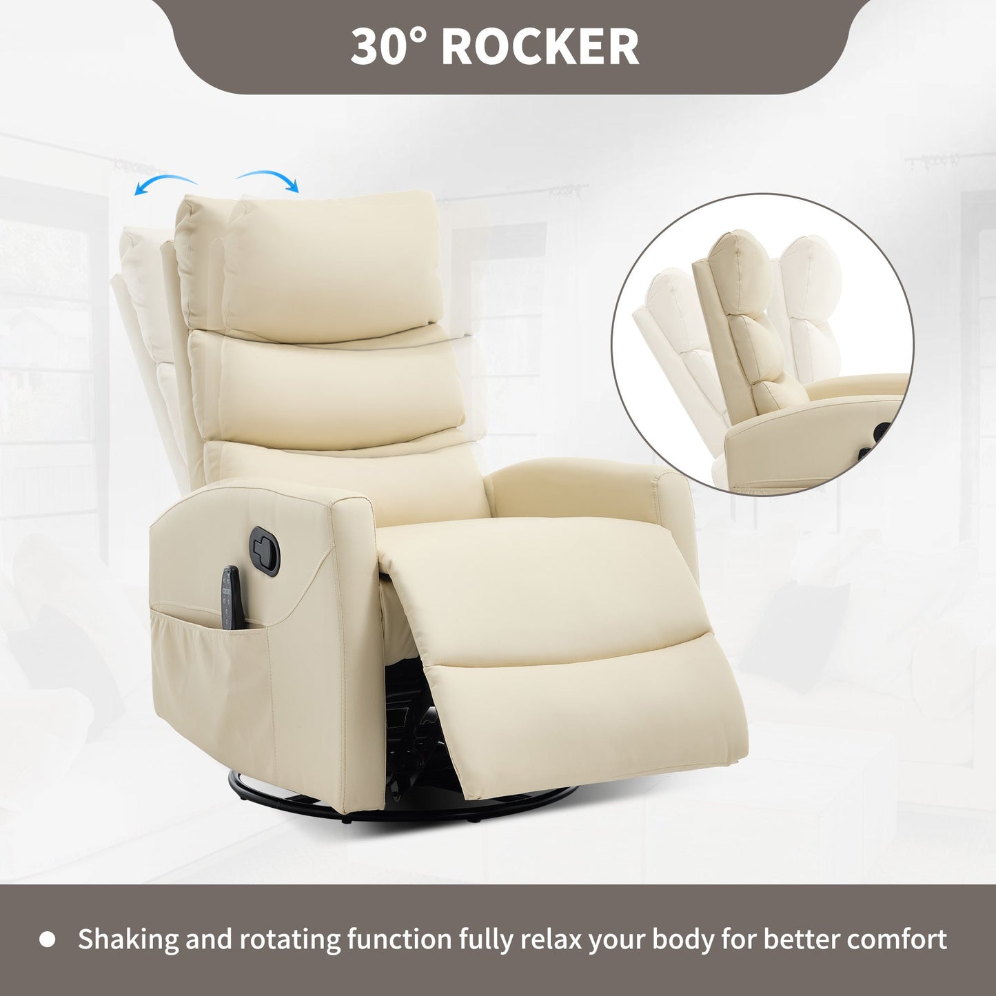 Heat Massage Manual Recliner Chair with Rocker and Swivel in Fabric for Living Room, Beige - 1st Choice Furniture Direct