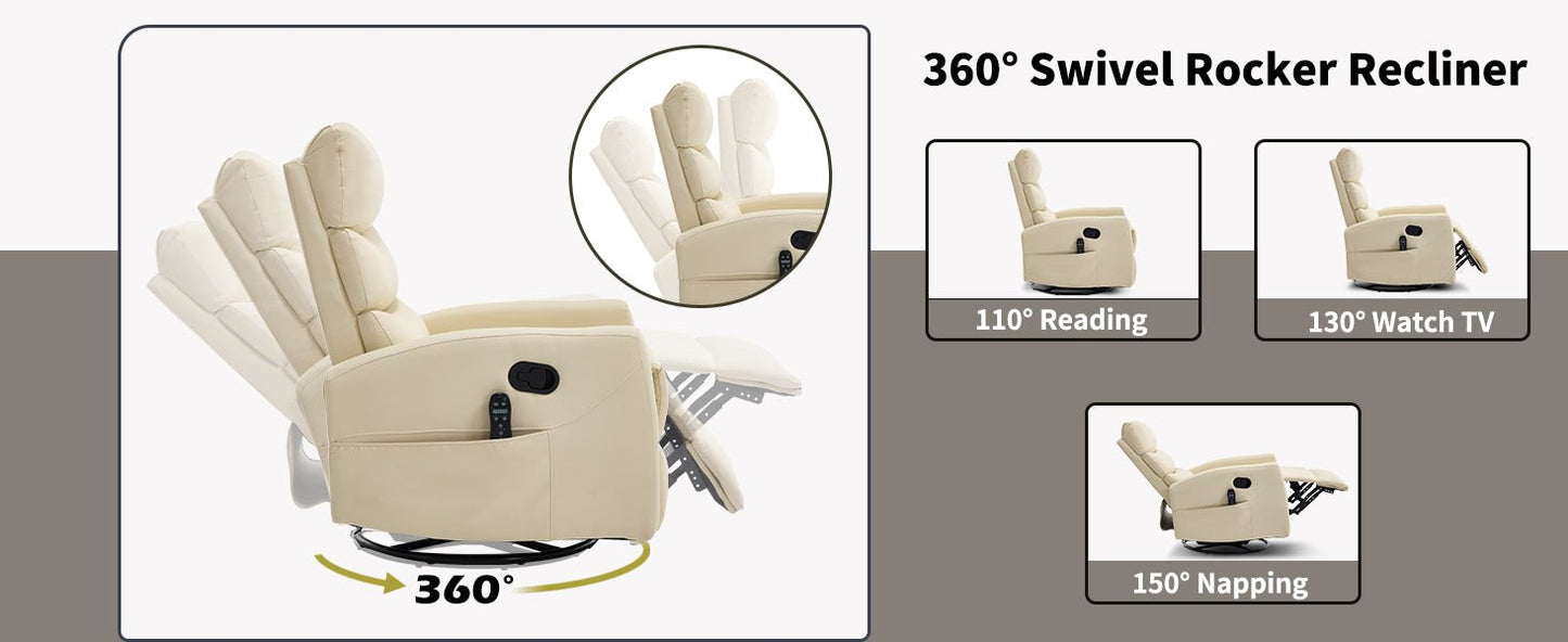Heat Massage Manual Recliner Chair with Rocker and Swivel in Fabric for Living Room, Beige - 1st Choice Furniture Direct