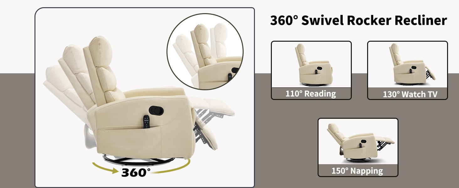 Heat Massage Manual Recliner Chair with Rocker and Swivel in Fabric for Living Room, Beige - 1st Choice Furniture Direct