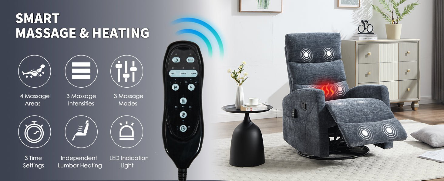 Heat Massage Manual Recliner Chair with Rocker and Swivel in Fabric for Living Room, Blue - 1st Choice Furniture Direct