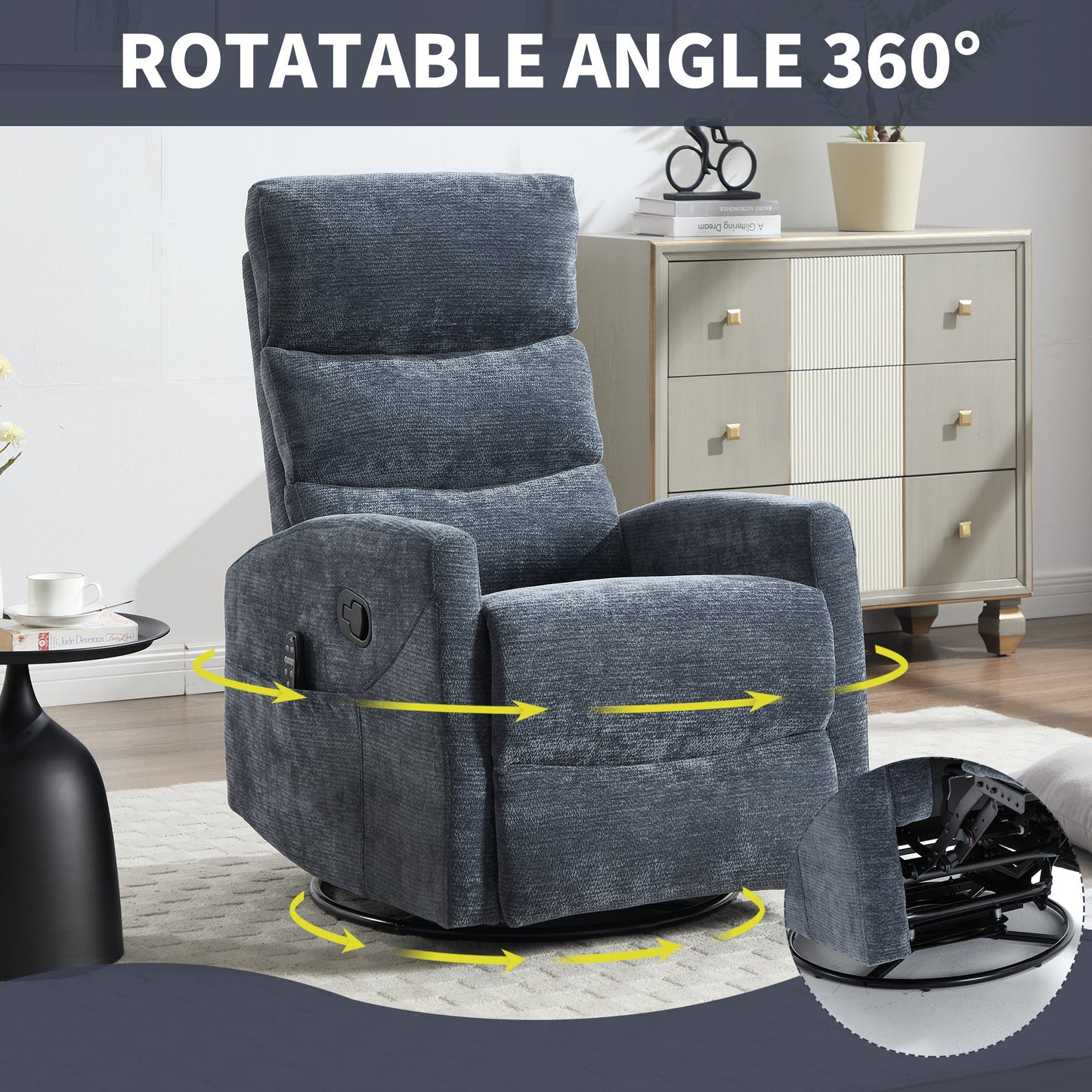 Heat Massage Manual Recliner Chair with Rocker and Swivel in Fabric for Living Room, Blue - 1st Choice Furniture Direct